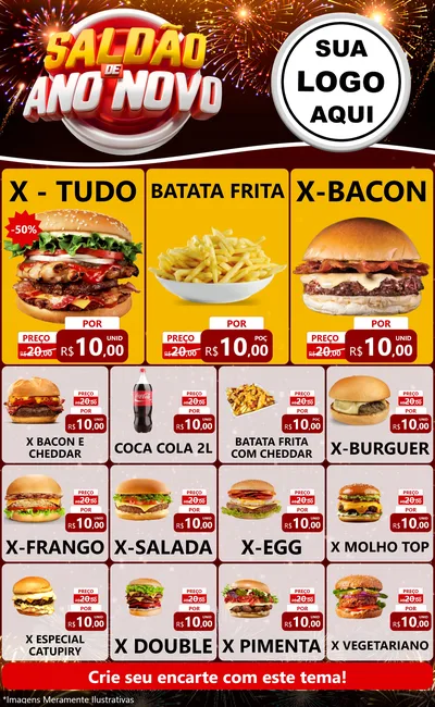 Modelo de Encarte para Encarte Grande com o tema Saldão de Ano Novo para Hamburgueria