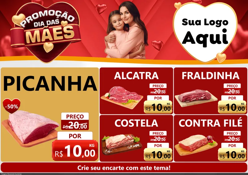 Modelo de Encarte para Encarte A4 Horizontal com o tema Promoção Dia das Mães para Açougue