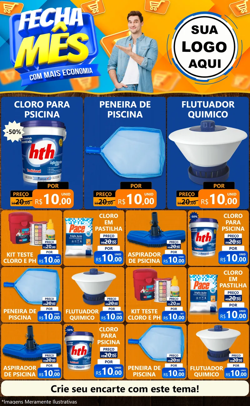 Modelo de Encarte para Encarte Grande com o tema Fecha Mês Com Mais Economia para Produtos para Piscina