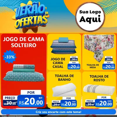 Modelo de Rede Social para Feed Facebook com o tema Verão de Ofertas para Cama, Mesa e Banho