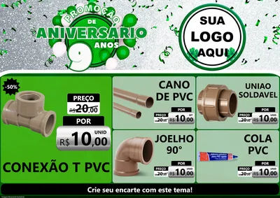 Modelo de Encarte para Encarte A4 Horizontal com o tema Promoção de Aniversário - 9 Anos para Tubos e conexões
