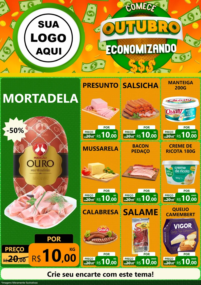 Modelo de Encarte para Encarte A4 Vertical com o tema Comece Outubro Economizando para Frios e Laticínios