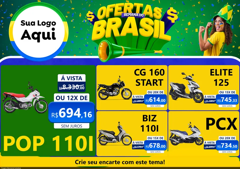 Modelo de Encarte para Encarte A4 Horizontal com o tema Ofertas Semana do Brasil para Concessionaria de Motos