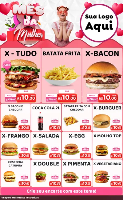 Modelo de Encarte para Encarte Grande com o tema Mês da Mulher para Hamburgueria