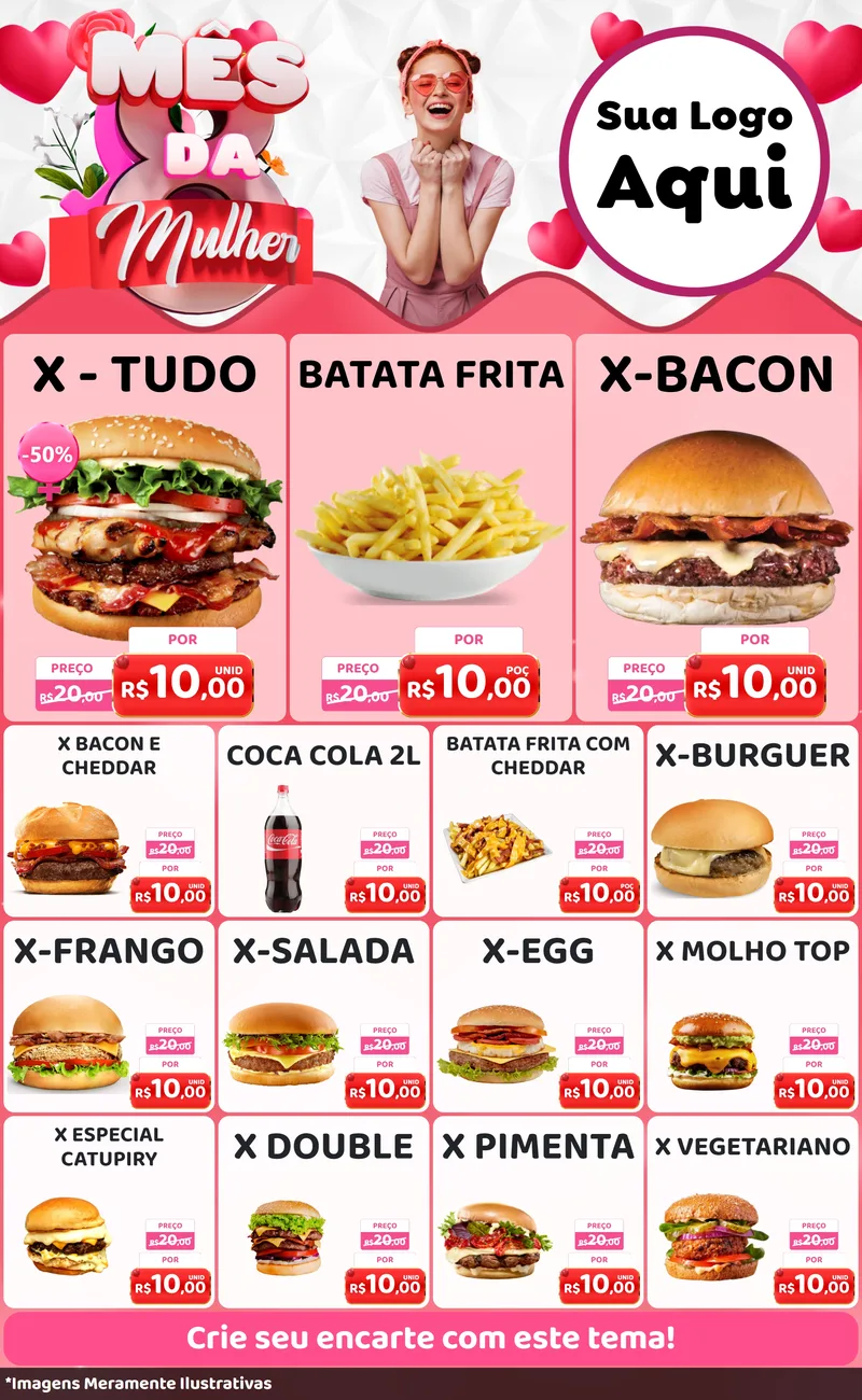 Modelo de Encarte para Encarte Grande com o tema Mês da Mulher para Hamburgueria