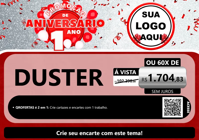 Modelo de Cartaz para Cartaz A4 Horizontal com o tema Promoção de Aniversário - 1 Ano para Concessionaria de Carros