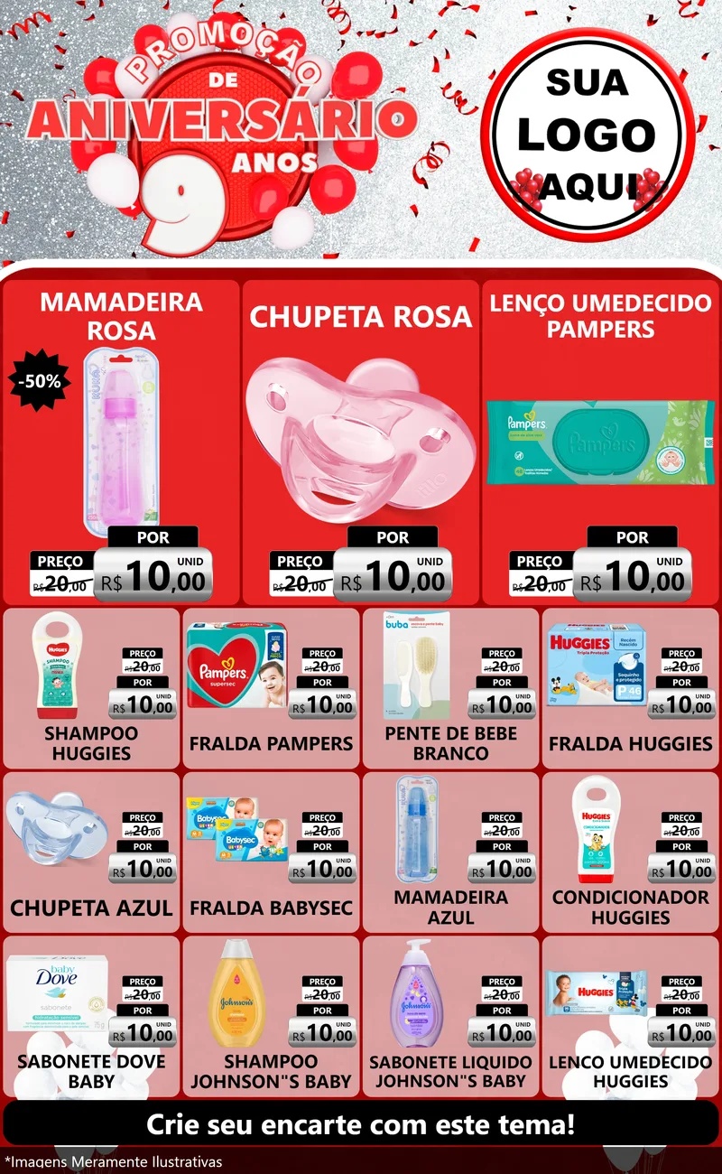 Modelo de Encarte para Encarte Grande com o tema Promoção de Aniversário - 9 Anos para Bebês