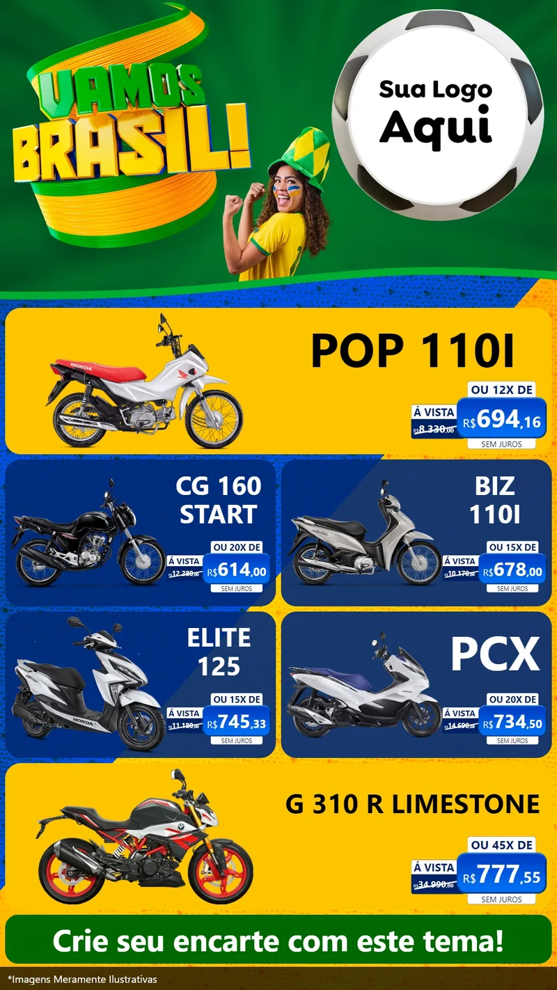 Modelo de TV para TV Vertical com o tema Vamos Brasil - Copa para Concessionaria de Motos