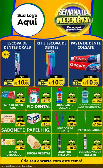 Modelo de Encarte para Encarte Grande com o tema Semana da Independência Declaramos Preços Baixos para Higiene Pessoal