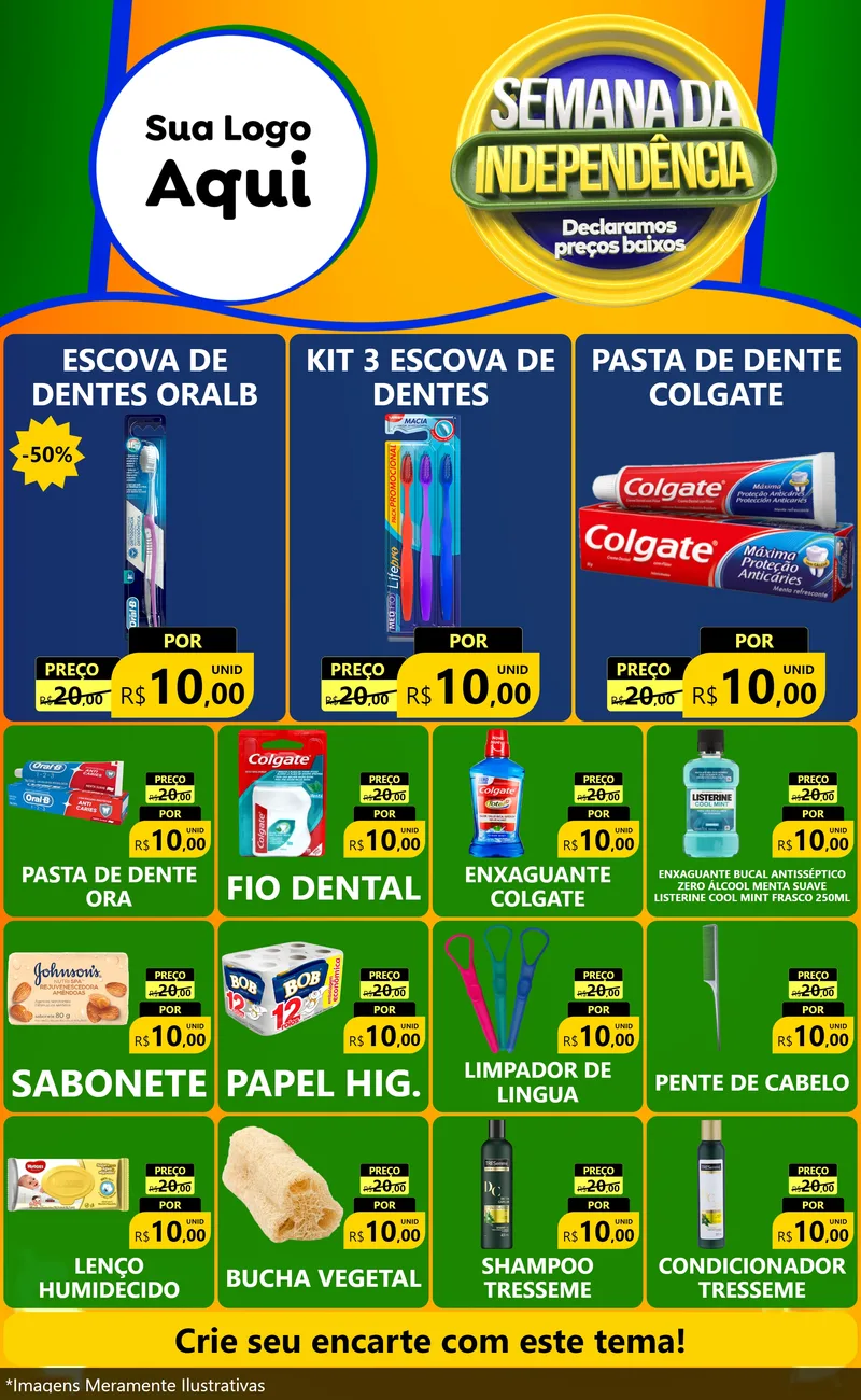 Modelo de Encarte para Encarte Grande com o tema Semana da Independência Declaramos Preços Baixos para Higiene Pessoal