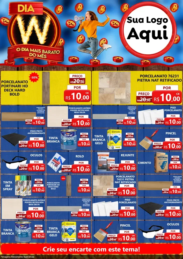 Modelo de Encarte para Encarte A4 Vertical com o tema Dia W - O Dia Mais Barato Do Mês para Pisos e revestimentos