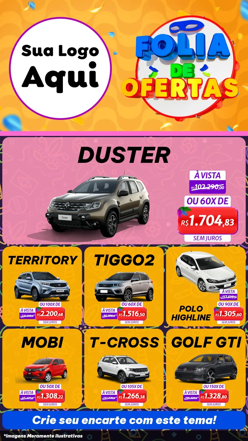 Modelo de Rede Social para Stories com o tema Folia de Ofertas para Concessionaria de Carros