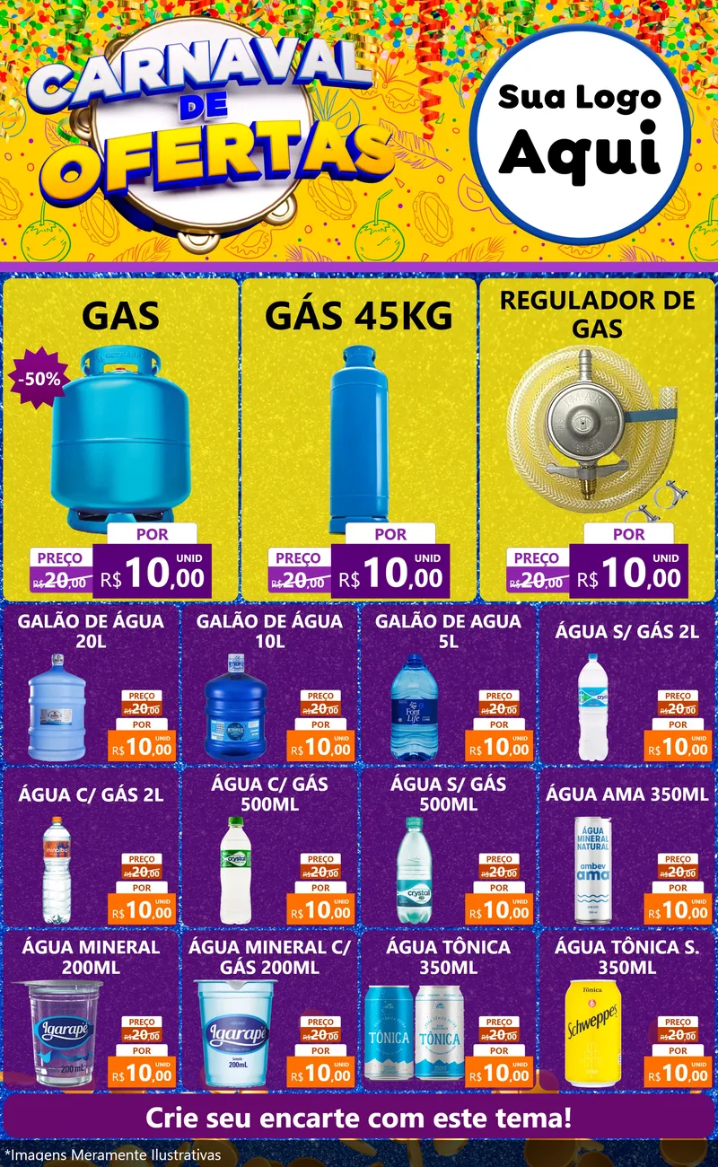 Modelo de Encarte para Encarte Grande com o tema Carnaval de Ofertas para Água e gás