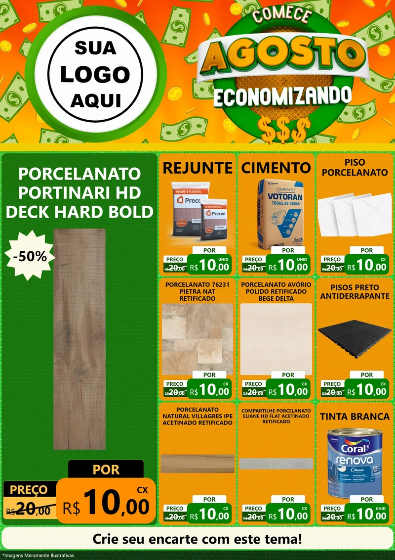 Modelo de Encarte para Encarte A4 Vertical com o tema Comece Agosto Economizando para Pisos e revestimentos