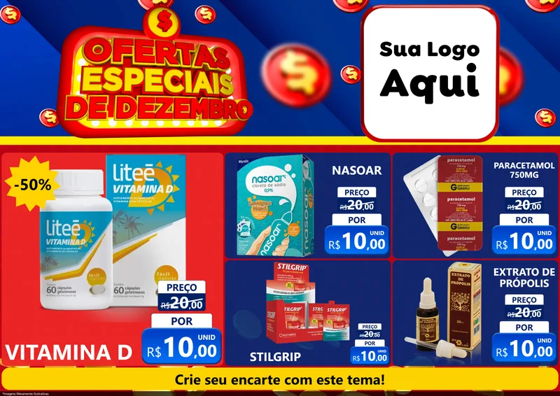 Modelo de Encarte para Encarte A4 Horizontal com o tema Ofertas Especiais de Dezembro para Farmácia