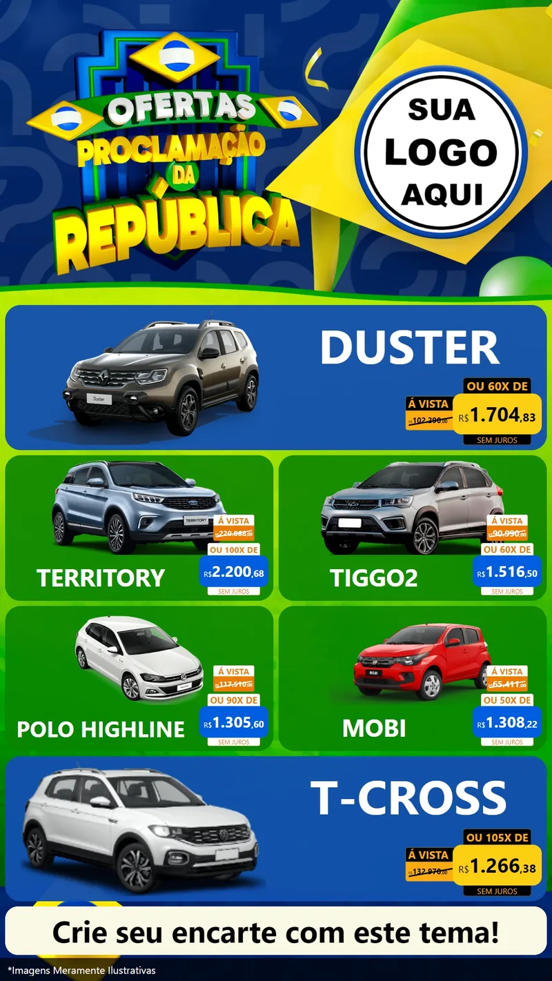 Modelo de TV para TV Vertical com o tema Ofertas Proclamação da República para Concessionaria de Carros