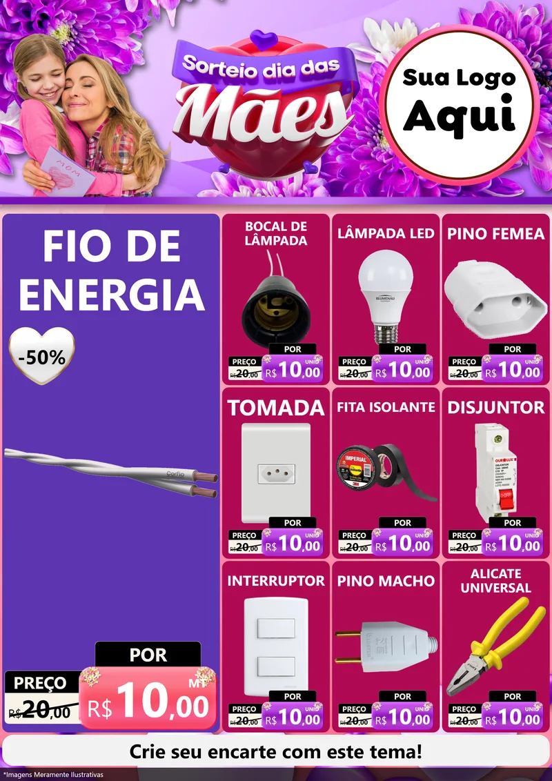 Modelo de Encarte para Encarte A4 Vertical com o tema Sorteio Dia das Mães para Materiais Elétricos