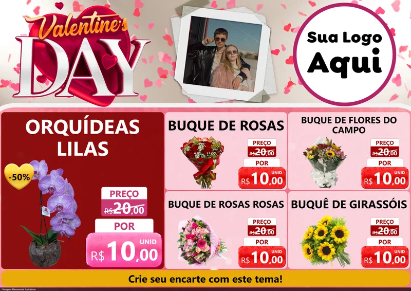 Modelo de Encarte para Encarte A4 Horizontal com o tema Valentine's Day para Floricultura e jardim