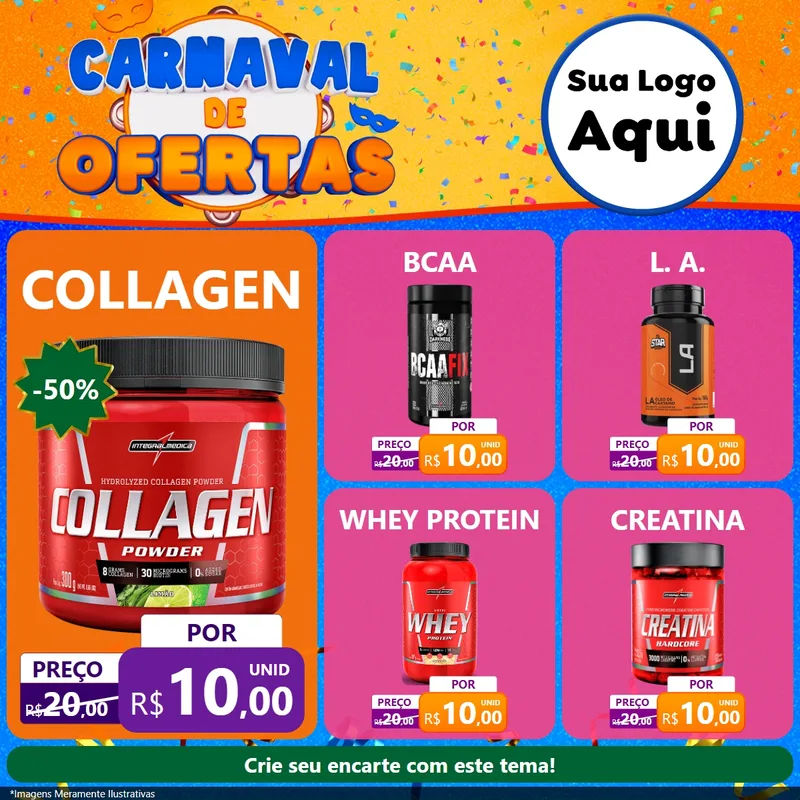 Modelo de Rede Social para Feed Facebook com o tema Carnaval de Ofertas para Suplementos alimentares