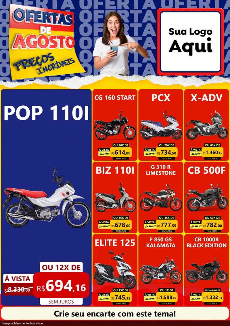 Modelo de Encarte para Encarte A4 Vertical com o tema Ofertas de Agosto - Preços Incríveis para Concessionaria de Motos