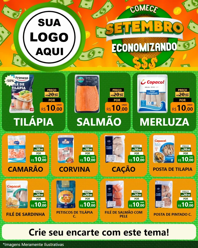 Modelo de Rede Social para Feed Instagram com o tema Comece Setembro Economizando para Peixaria