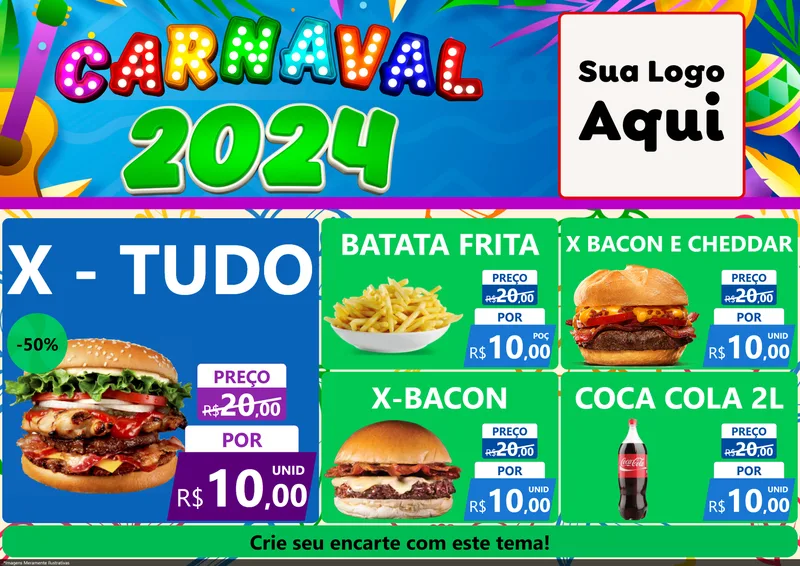 Modelo de Encarte para Encarte A4 Horizontal com o tema Carnaval 2027 para Hamburgueria