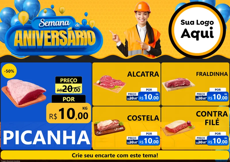Modelo de Encarte para Encarte A4 Horizontal com o tema Semana de Aniversário para Açougue