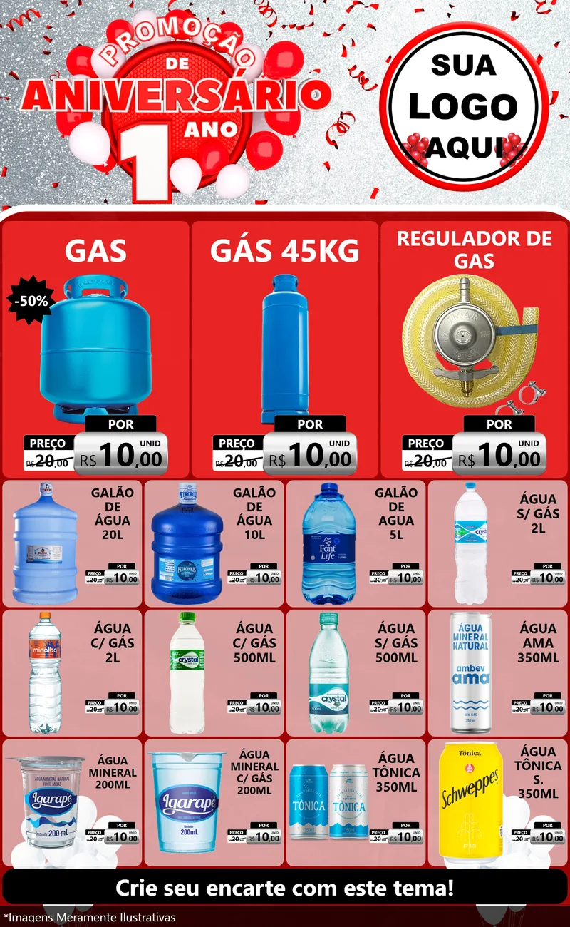 Modelo de Encarte para Encarte Grande com o tema Promoção de Aniversário - 1 Ano para Água e gás