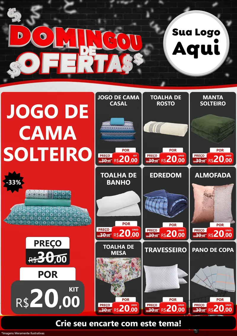 Modelo de Encarte para Encarte A4 Vertical com o tema Domingou de Ofertas para Cama, Mesa e Banho