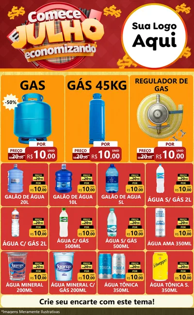 Modelo de Encarte para Encarte Grande com o tema Comece Julho Economizando para Água e gás