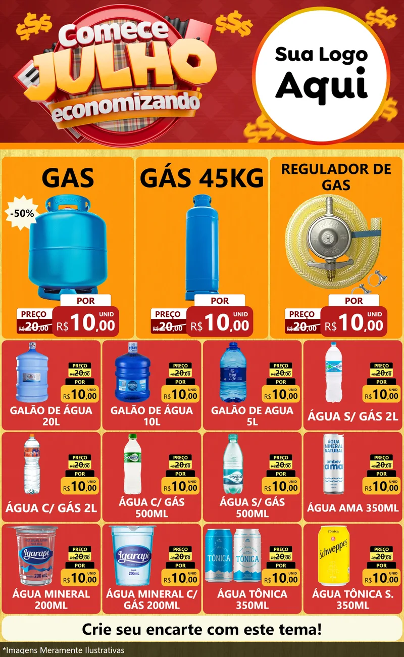Modelo de Encarte para Encarte Grande com o tema Comece Julho Economizando para Água e gás