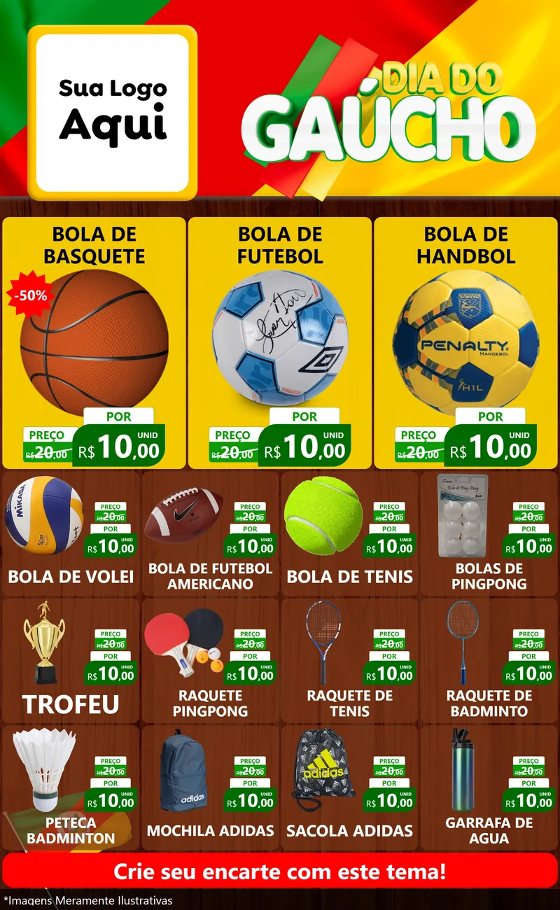 Modelo de Encarte para Encarte Grande com o tema Dia do Gaúcho para Artigos Esportivos