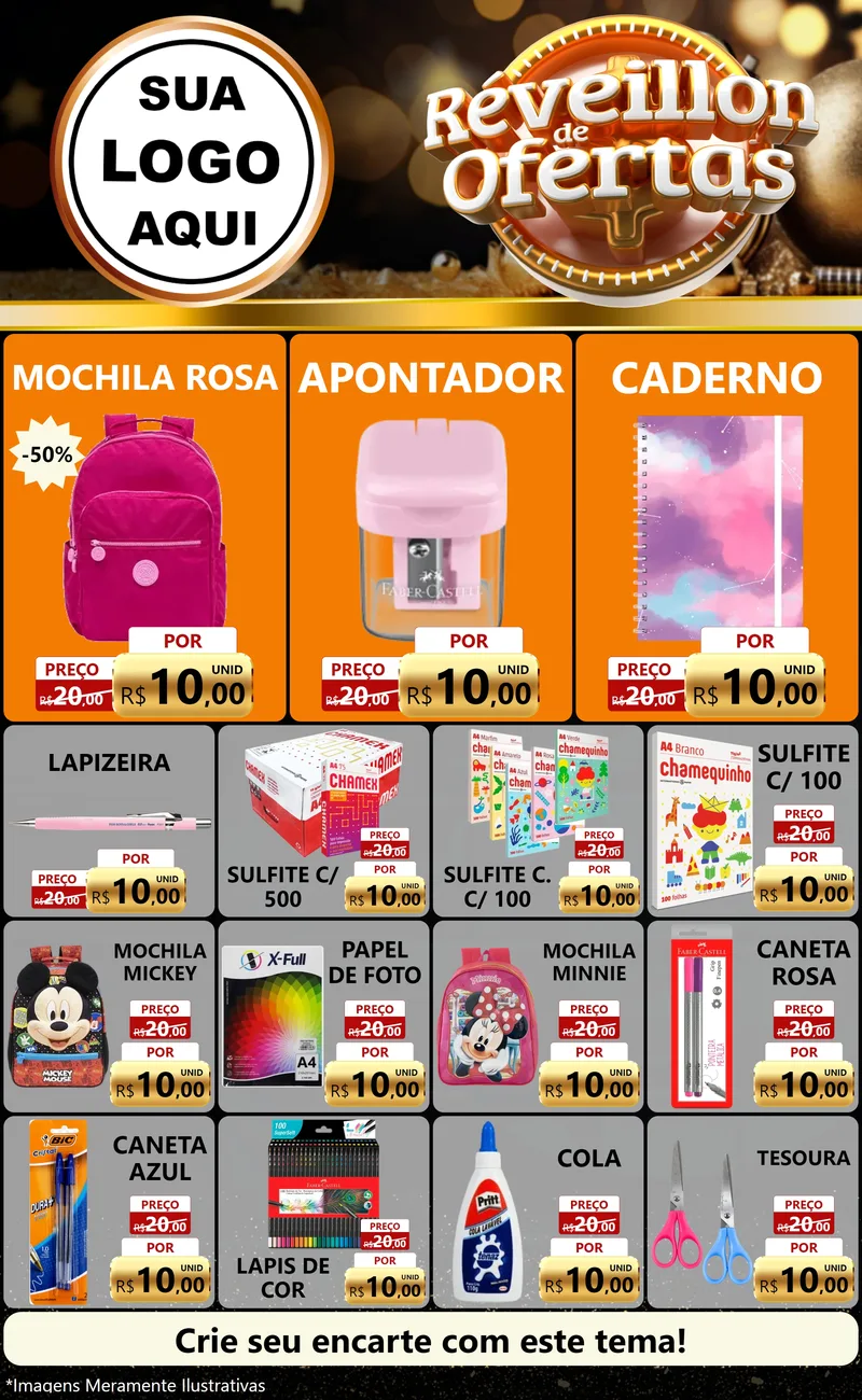 Modelo de Encarte para Encarte Grande com o tema Réveillon de Ofertas para Papelaria