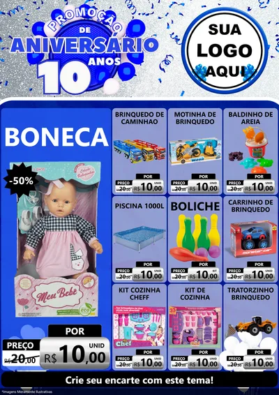 Modelo de Encarte para Encarte A4 Vertical com o tema Promoção de Aniversário - 10 Anos para Brinquedos