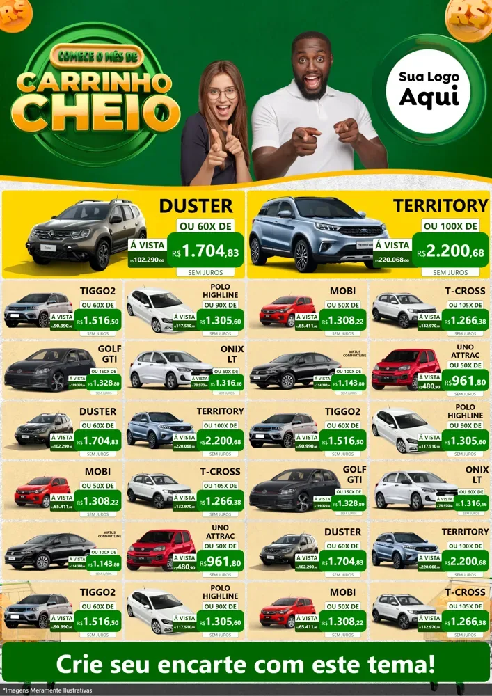 Modelo de Encarte para Encarte A4 Vertical com o tema Carrinho Cheio para Concessionaria de Carros
