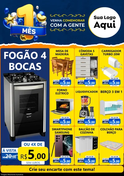 Modelo de Encarte para Encarte A4 Vertical com o tema Um Mês de Aniversário para Móveis e Eletro