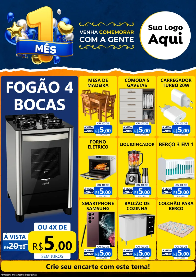 Modelo de Encarte para Encarte A4 Vertical com o tema Um Mês de Aniversário para Móveis e Eletro