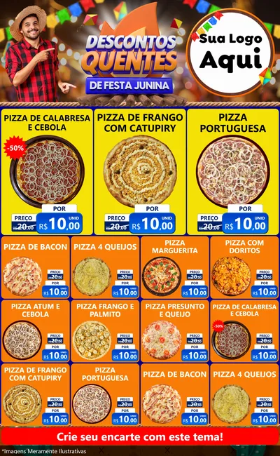 Modelo de Encarte para Encarte Grande com o tema Descontos Quentes de Festa Junina para Pizzaria