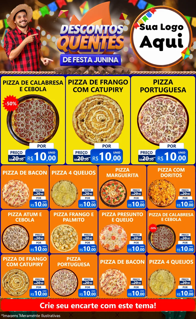 Modelo de Encarte para Encarte Grande com o tema Descontos Quentes de Festa Junina para Pizzaria