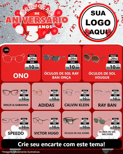 Modelo de Rede Social para Feed Instagram com o tema Promoção de Aniversário - 3 Anos para Óticas