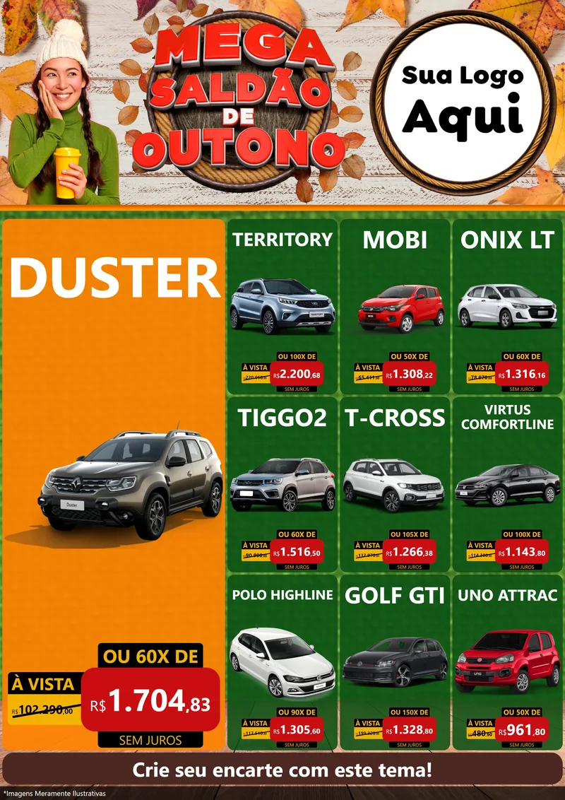 Modelo de Encarte para Encarte A4 Vertical com o tema Mega Saldão de Outono para Concessionaria de Carros