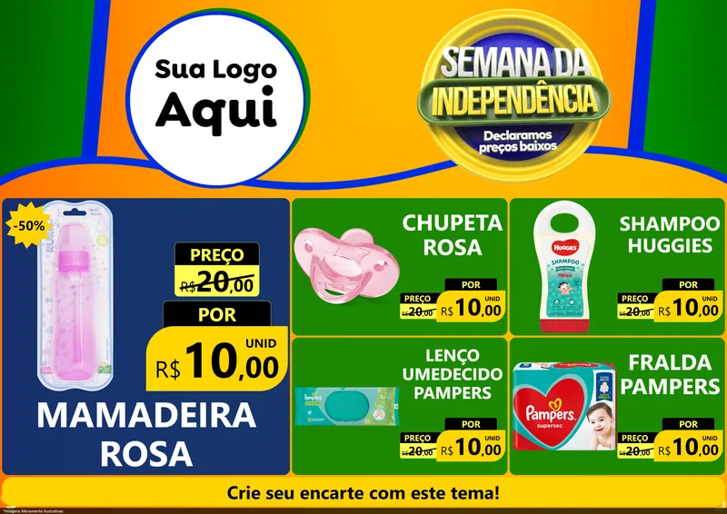 Modelo de Encarte para Encarte A4 Horizontal com o tema Semana da Independência Declaramos Preços Baixos para Bebês