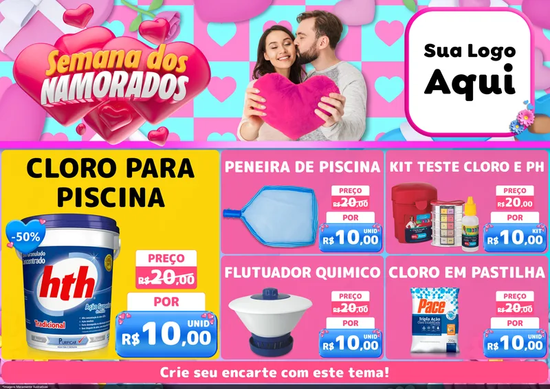 Modelo de Encarte para Encarte A4 Horizontal com o tema Semana dos Namorados para Produtos para Piscina