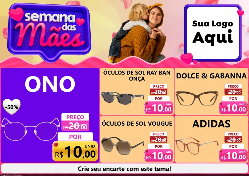 Modelo de Encarte para Encarte A4 Horizontal com o tema Semana das Mães para Óticas