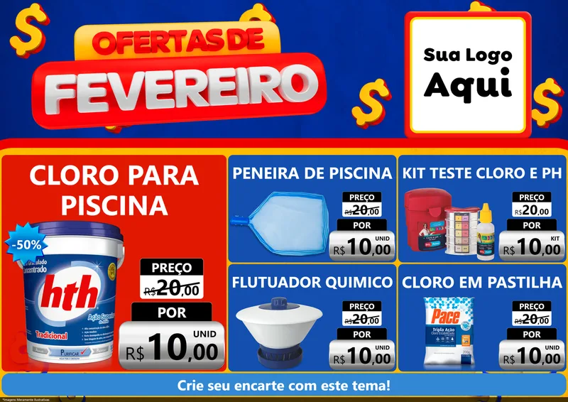 Modelo de Encarte para Encarte A4 Horizontal com o tema Ofertas de Fevereiro para Produtos para Piscina