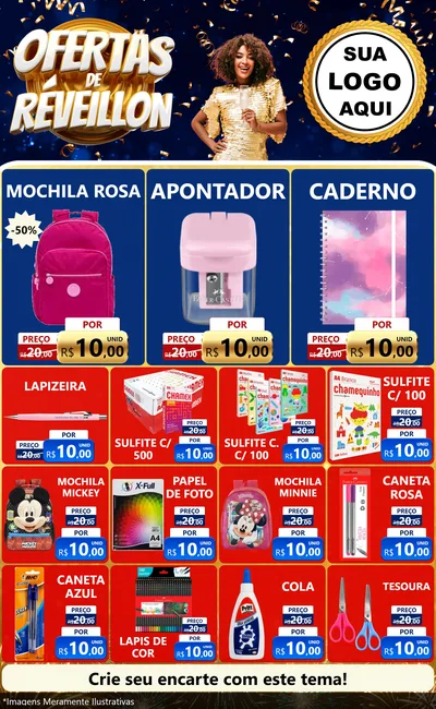 Modelo de Encarte para Encarte Grande com o tema Ofertas de Réveillon para Papelaria