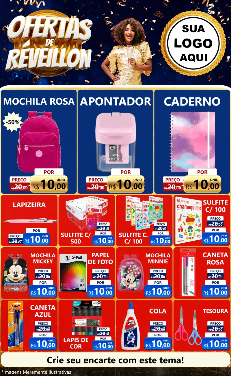 Modelo de Encarte para Encarte Grande com o tema Ofertas de Réveillon para Papelaria