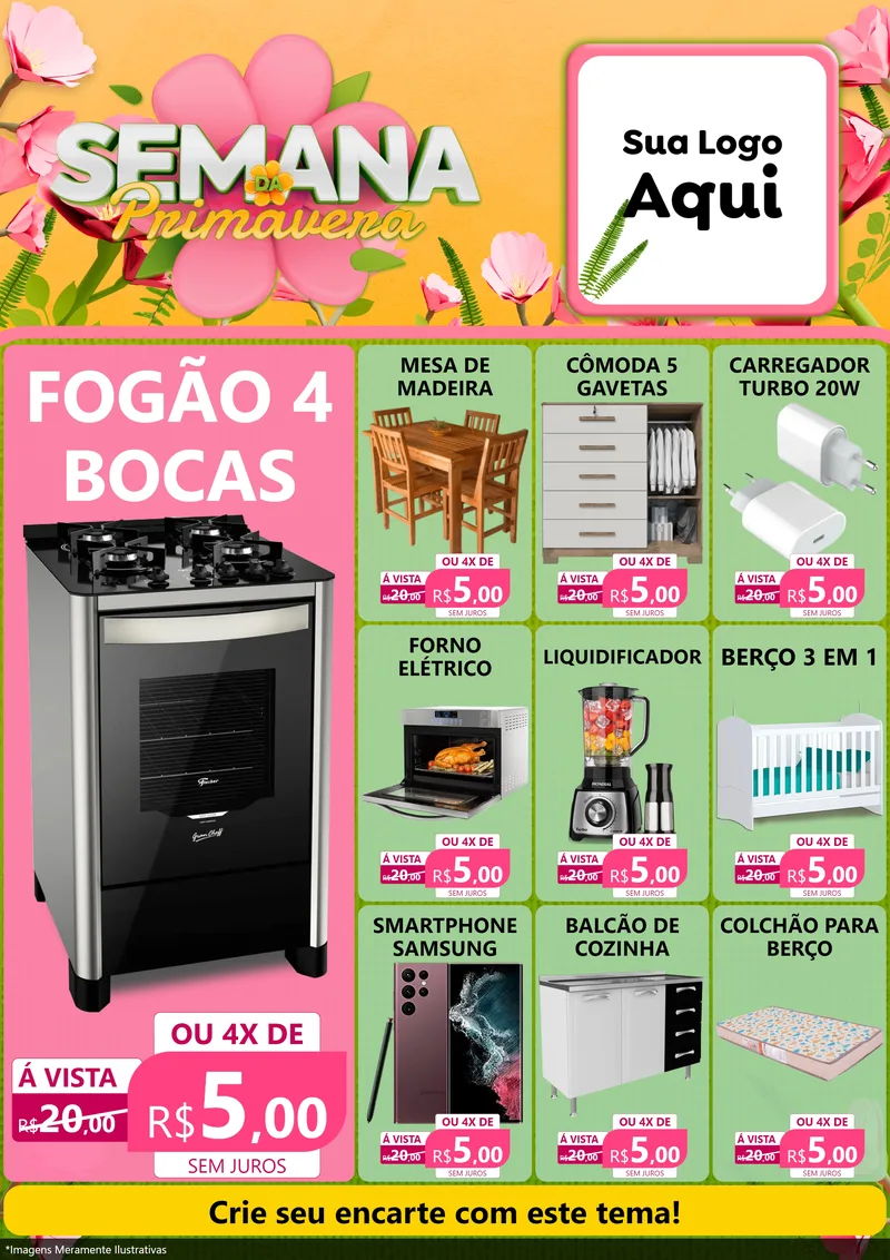 Modelo de Encarte para Encarte A4 Vertical com o tema Semana da Primavera para Móveis e Eletro