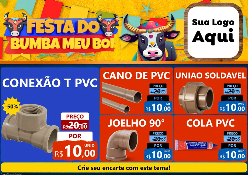 Modelo de Encarte para Encarte A4 Horizontal com o tema Festa do Bumba Meu Boi para Tubos e conexões