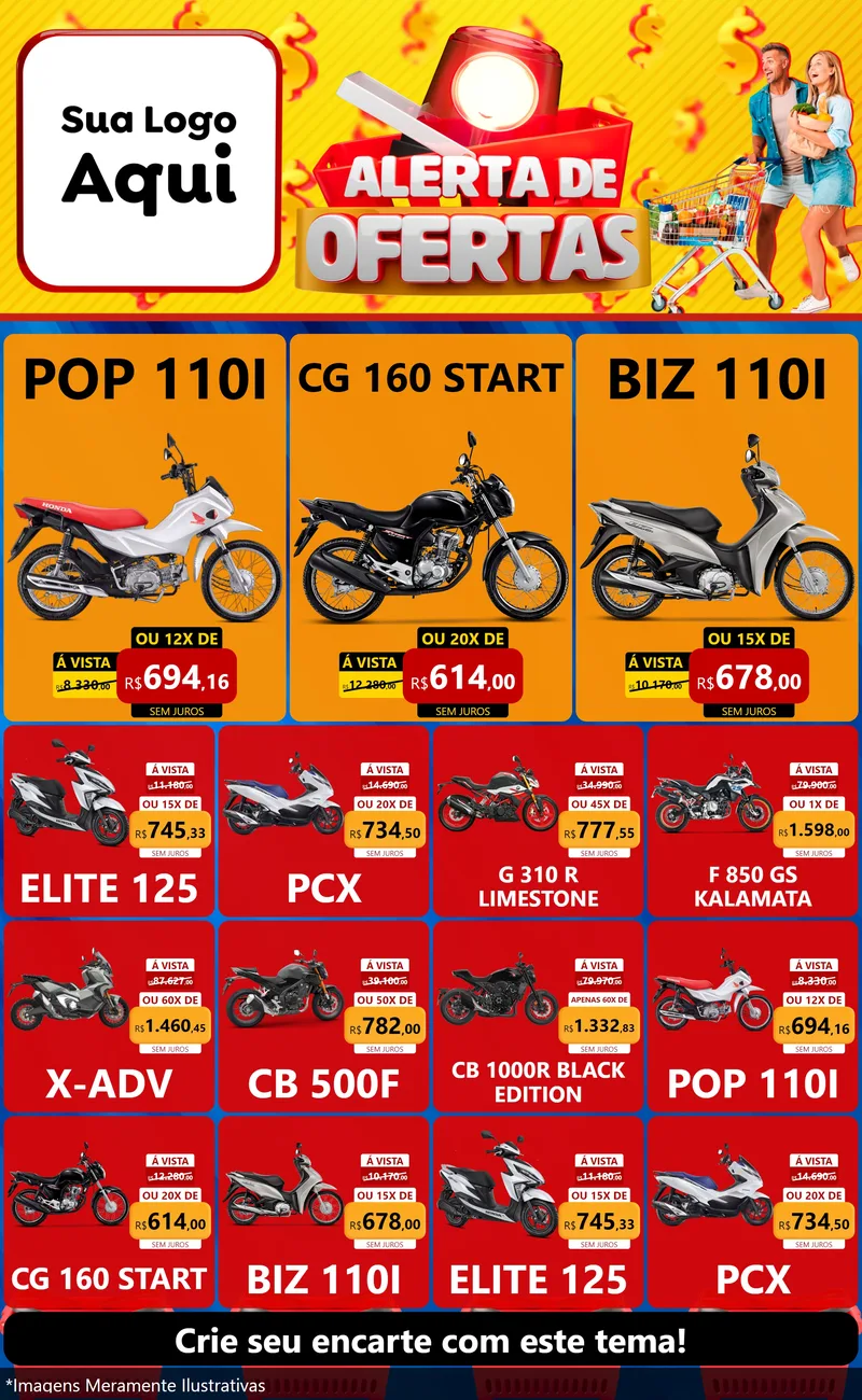Modelo de Encarte para Encarte Grande com o tema Alerta de Ofertas para Concessionaria de Motos